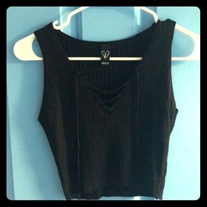 Cropped ribbed black tie up shirt